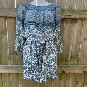 Aqua Blue Floral Off the Shoulder Long Sleeve Tie Waist Romper